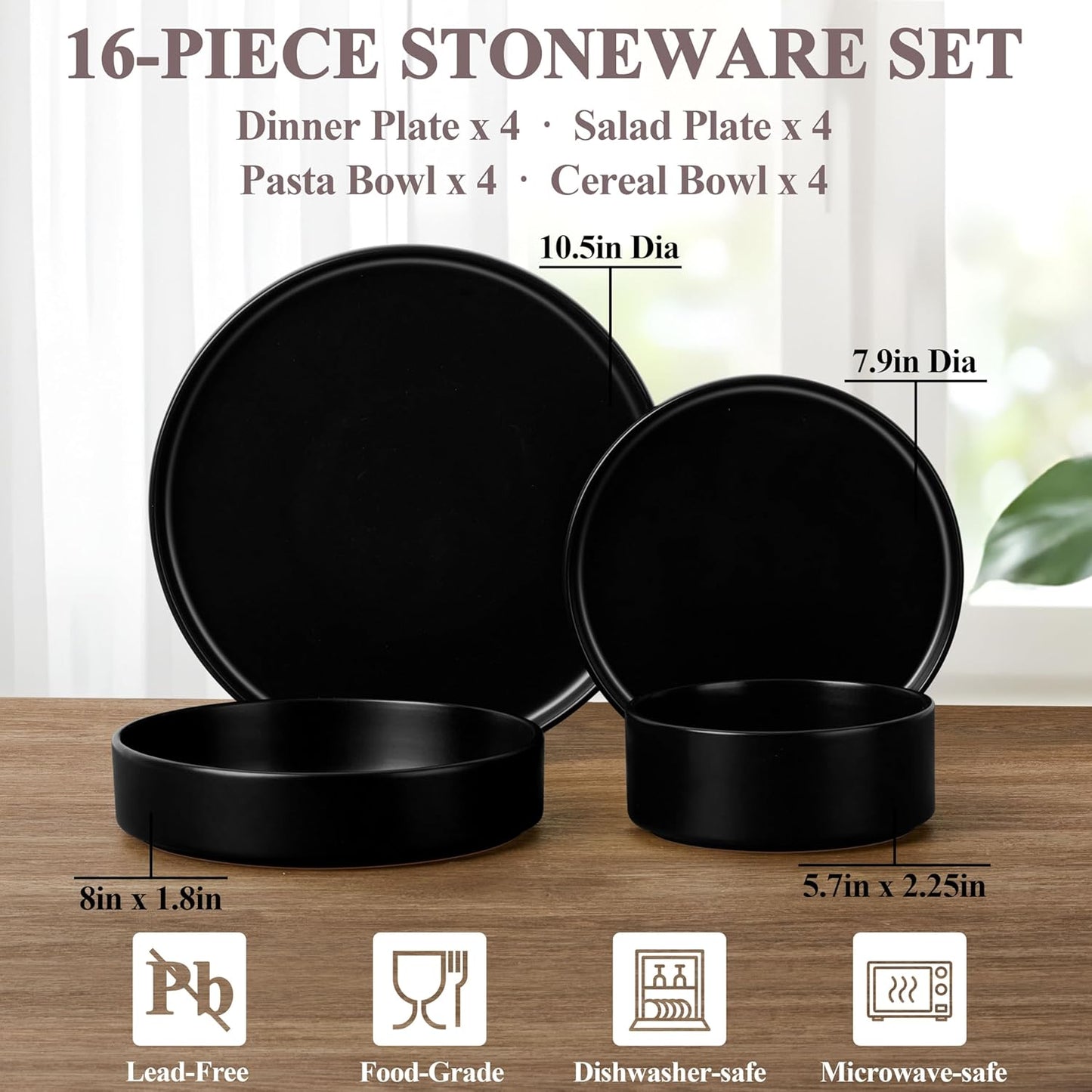Herogo Dinnerware Sets with Pasta Bowls for 4, 16 Piece Dinner Salad Plates and Cereal Serving Bowls, Stoneware Dishes Dinner Ware for Home Kitchen, Chip & Scratch Resistant, Matte Black
