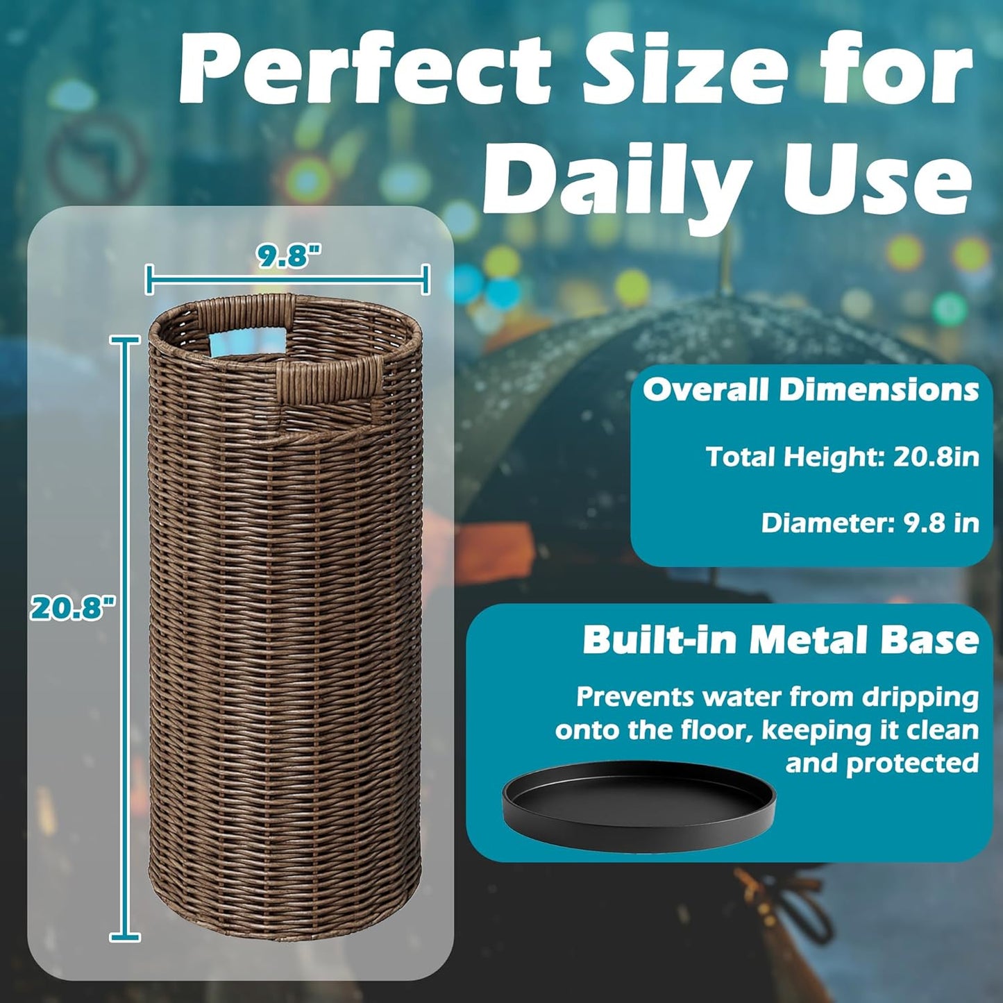 Rattan Umbrella Holder 20.8" H X 10" D,Handmade Wicker Umbrella Stand Indoor with Dip Tray,Sturdy Umbrella Holders for Entryway,Umbrella Bucket Fits Mudroom,Walking Canes,Home,Office (Brown)