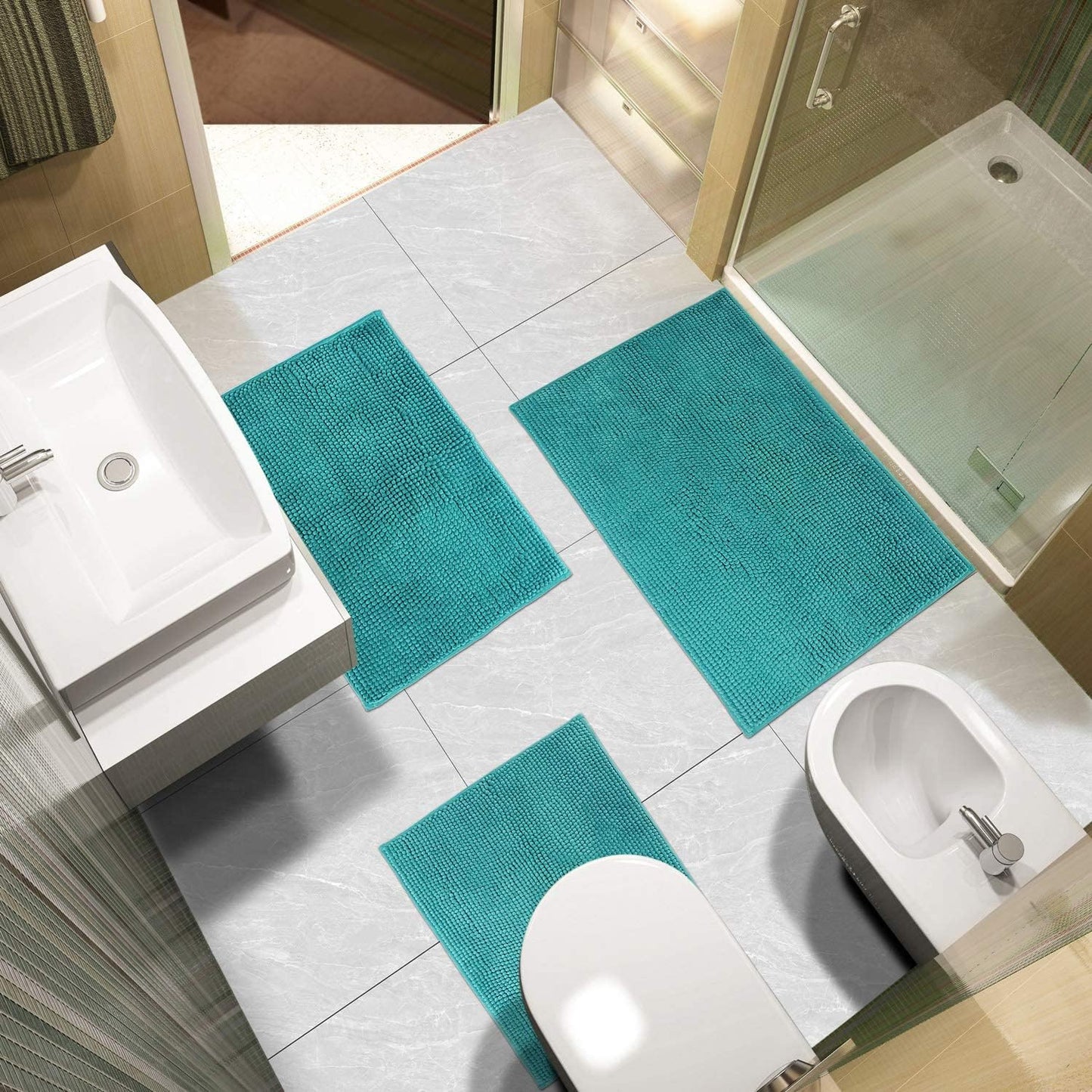 Urvoix 3 Pieces Bathroom Rugs Set, Non-Slip Chenille Bath Rug, Ultra Soft and Super Absorbent Bath Mat for Bathroom, Toilet and Tub (Teal Green)