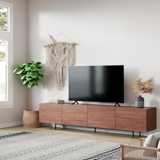 Mid Century Modern TV Stand - 94.5" Walnut Entertainment & Media Console for 65-100 Inches TV, 4 Cabinet Doors with 6 Storage Compartments, Cable Management, Stylish Living Room Center (Walnut, 94.5")