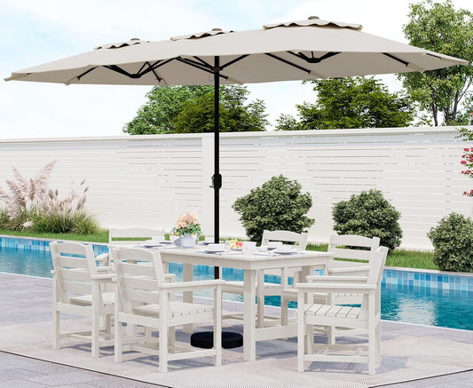 SERWALL 8-Piece Patio Dining Sets with 15FT Double Side Patio Umbrella, Outdoor HDPE Dining Furniture Set with Umbrella Hole Cut-Out Table and 6 Chairs, White（Umbreall Base not Included）