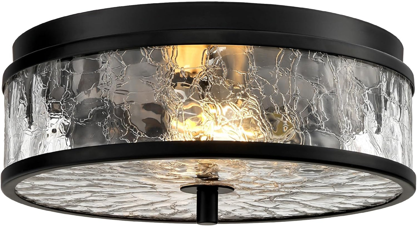 LamQee 12 Inch Flush Mount Ceiling Light with Crackled Glass Shade, 2-Lights Modern Farmhouse Close to Ceiling Lighting Fixture for Hallway Kitchen Bedroom Bathroom Foyer Entryway, Matte Black Finish