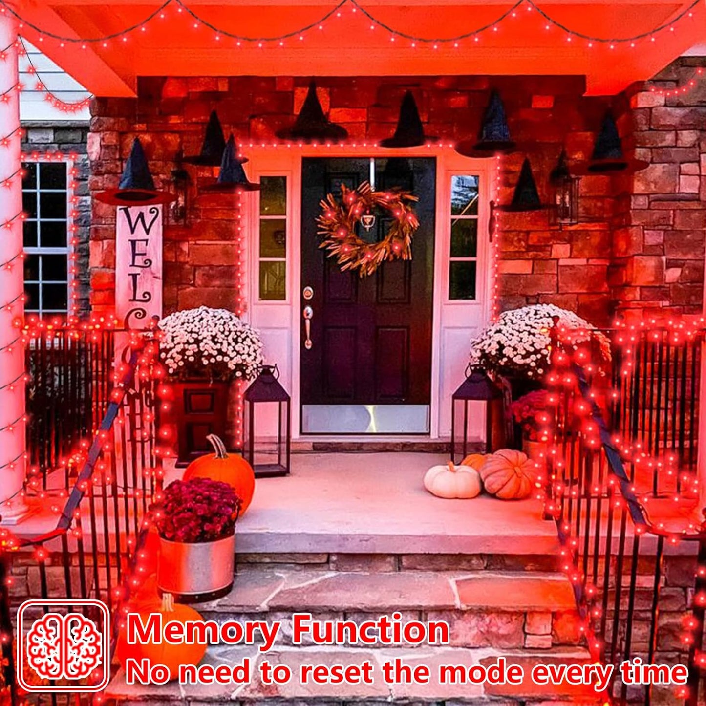 YEGUO 66ft 200 LED Red Halloween Lights Outdoor Waterproof, Green Wire Christmas String Lights Indoor, 8 Modes Twinkle Tree Light Plug in with Timer Memory