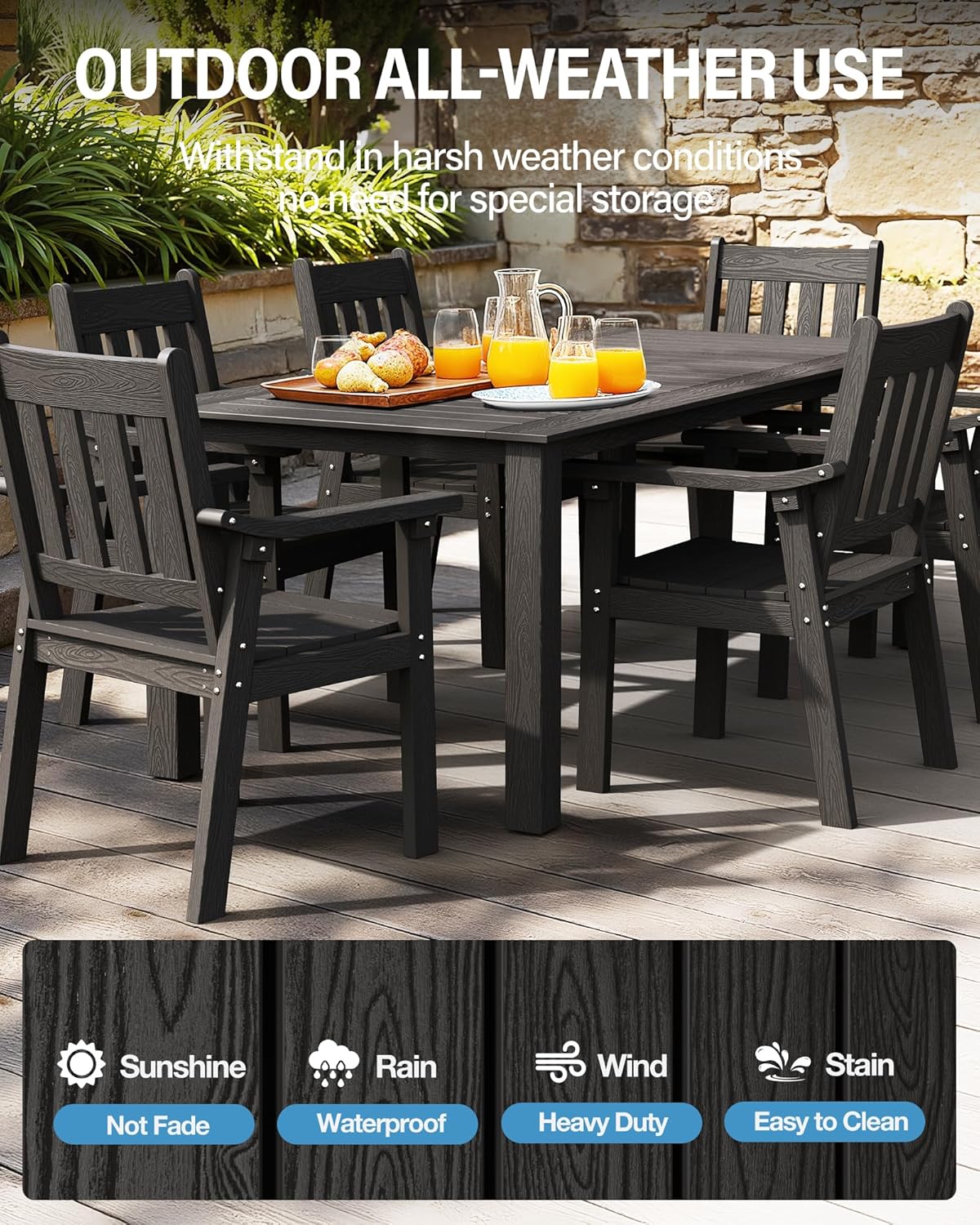 YEFU HIPS Patio Table Set: 7 Piece Outdoor Table and Chairs Dining Furniture Set with Umbrella Hole - Black Modern Plastic Dining Sets 6 Person for Outside Deck with Metal Aluminum Frame
