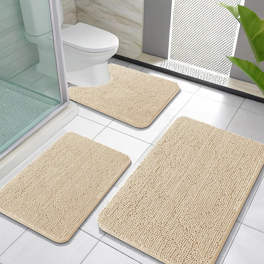 OLANLY Bathroom Rugs Sets 3 Piece, Soft Absorbent Chenille Bath Mats and U-Shaped Contour Toilet Rug, Quick Dry, Home Decor Accessories, Bath Mat Set for Bathroom (30"x20"+24"x16"+24"x20", Beige)