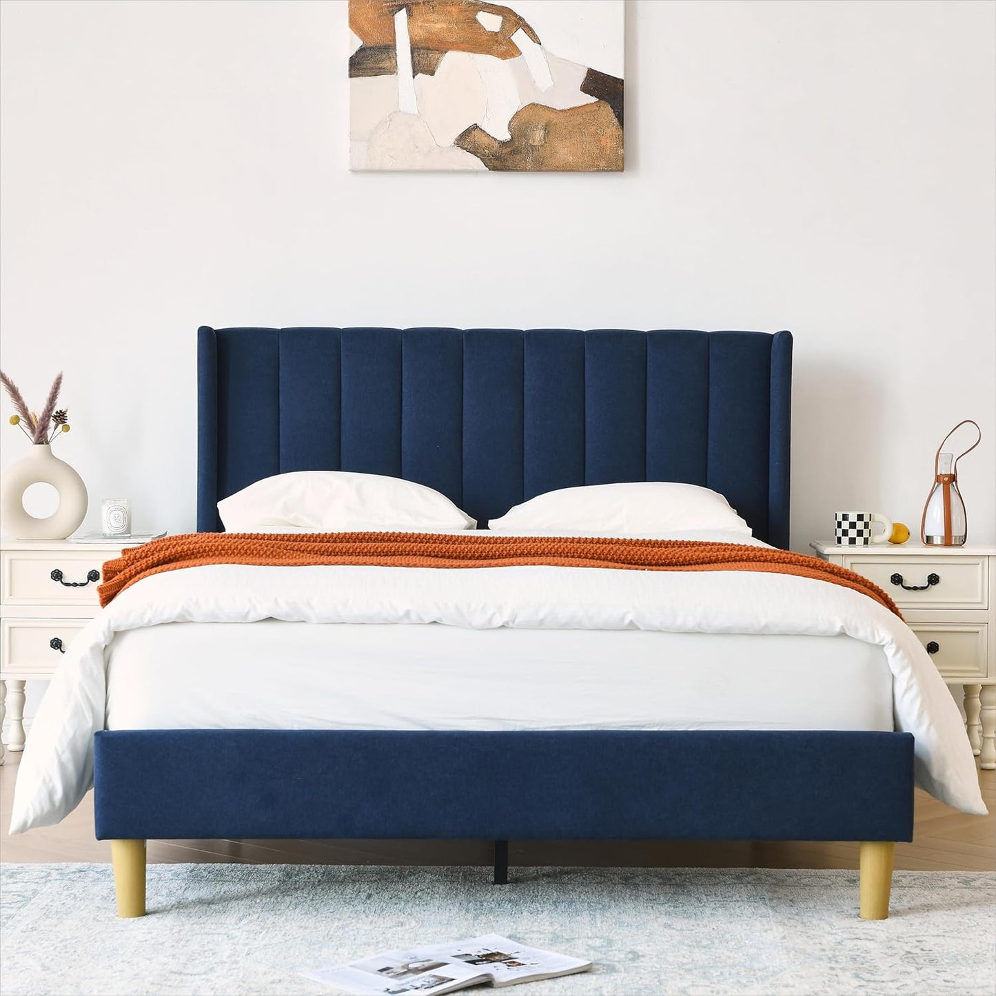 YUHUASHI upholstered Platform Bed Frame/Full Bed Frame/Modern Geometric Double-Wing Design headboard/Linen Fabric/Easy to Assemble no Noise (Navy Blue, Full)