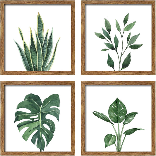 ArtbyHannah Framed Bathroom Wall Decor, Botanical Wall Art with Sage Green Plant Print for Bedroom Decoration, Minimalist Restroom Decor(Walnut, 8x8 Inch)