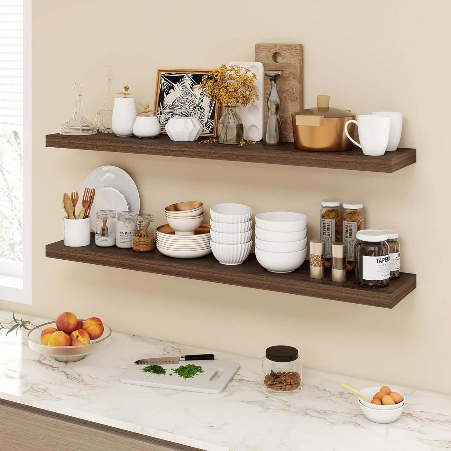 48 Inch Floating Shelves, 9.3" Deep Floating Shelf Wall Mounted, 48" Wall Shelves, Rustic Deep Bookshelf, Large Display Shelves & Storage Shelves for Bedroom, Living Room, Walnut, Set of 1