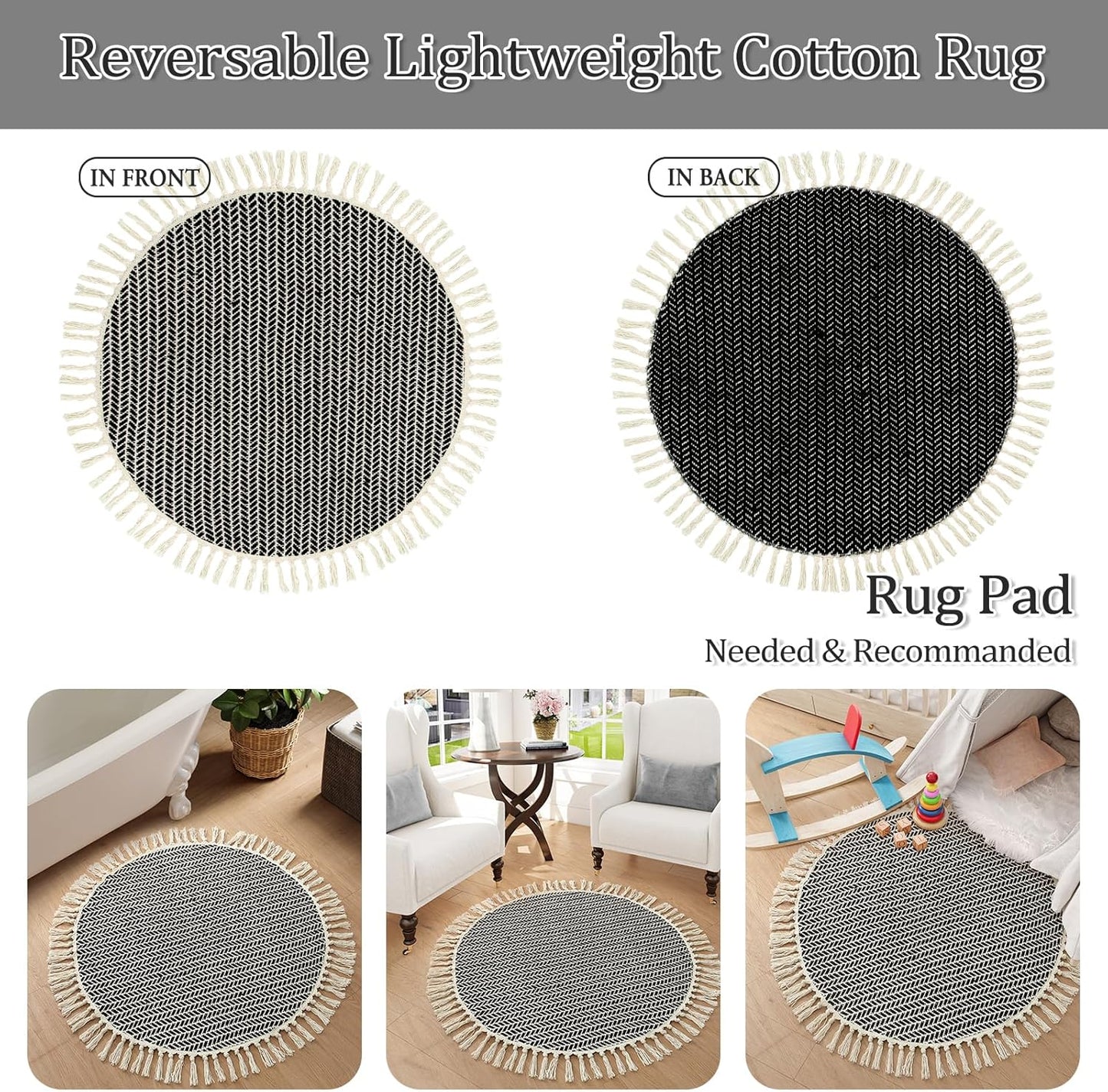 Lahome Boho Black and White Round Rug 3ft, Small Circle Bathroom Kitchen Rug Lightweight Washable Rugs for Entryway with Tassels, Farmhouse Cotton Non Shedding Round Mat for Bath Dorm Bedroom