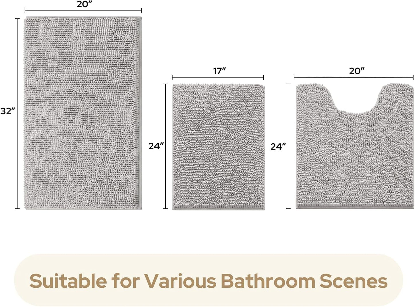 HOMEIDEAS 3 Pieces Bathroom Rugs, Ultra Soft Non Slip Absorbent Chenille Toilet Bath Mat Set (Light Grey,17"x24"+20"x32"+U Shape 20"x24")