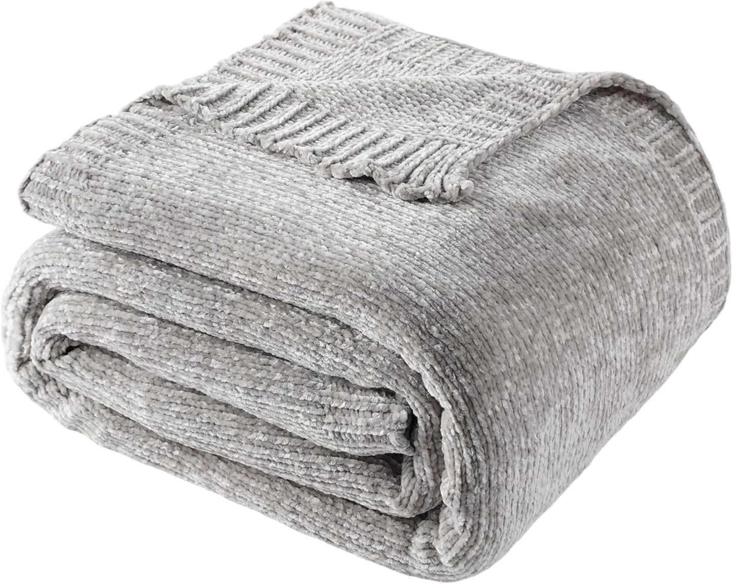 BATTILO HOME Light Grey Throw Blanket for Couch, Soft Knitted Chenille Throw Blanket for Sofa, Chair, Living Room, Cozy Gray Throw Blankets for Bed,51"x67"