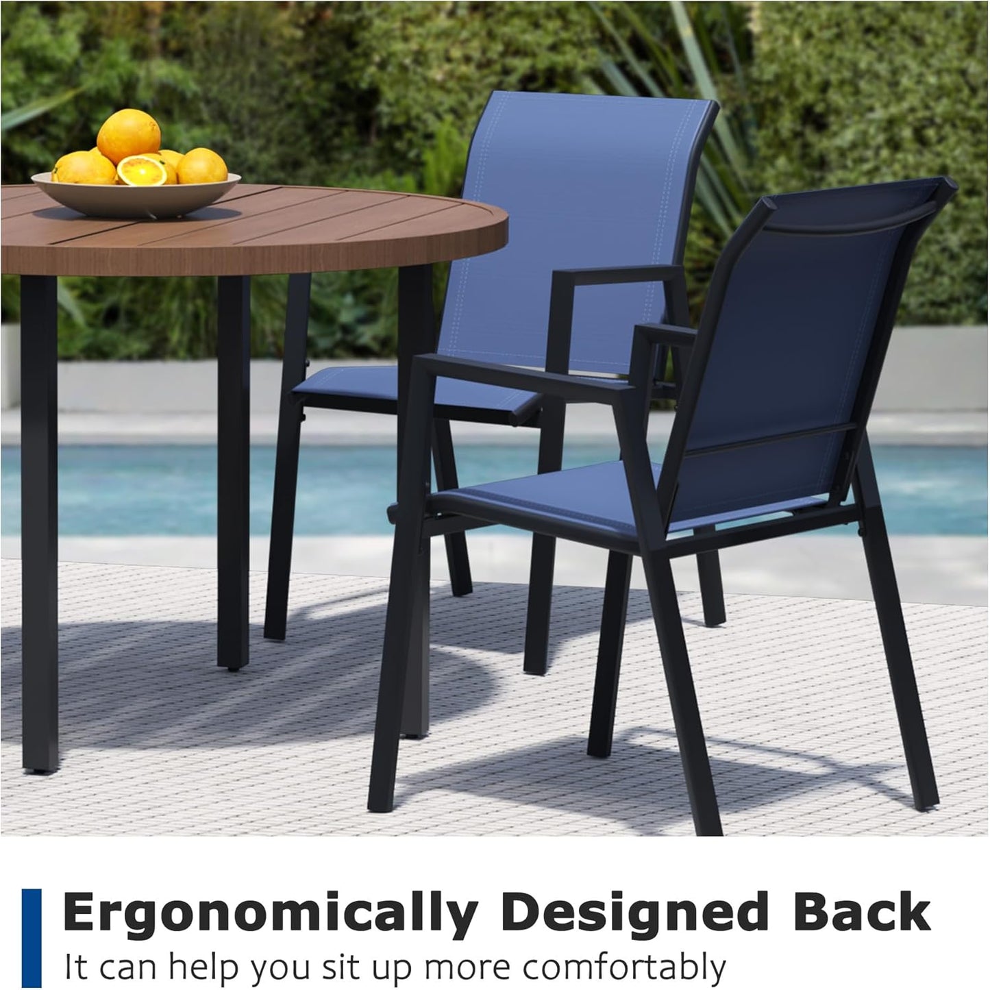 5 Piece Outdoor Dining Set, Patio Table and Chairs Set of 4, 42" Walnut Round Patio Table with 4 Blue Stackable Patio Chairs for Lawn, Garden, Porch
