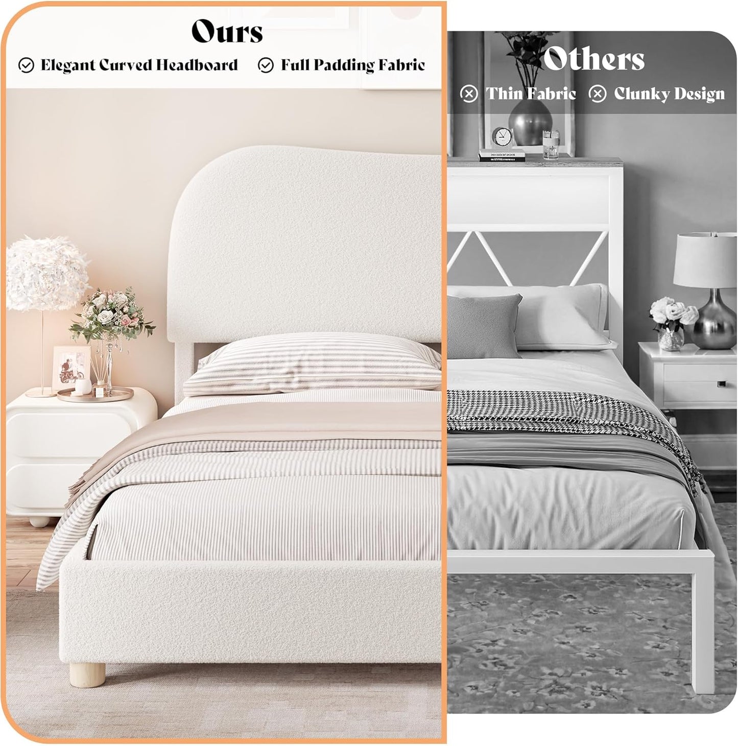 AMERLIFE Full Size Upholstered Boucle Bed Frame, Soft Cloud Platform Bed with Adjustable Headboard, Modern Design, Rounded Corners, Rubberwood Legs, No Box Spring Needed, Easy Assembly, Cream