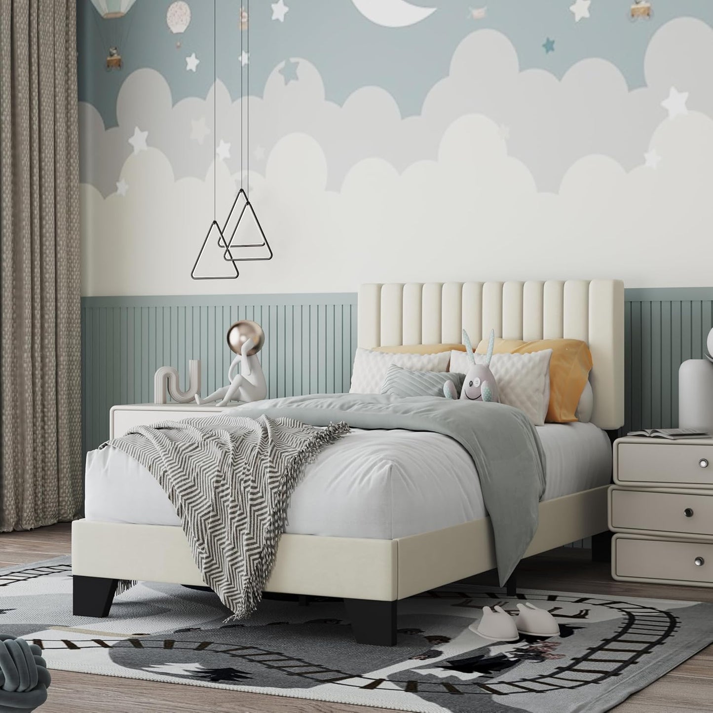 Twin Size Bed Frame with Adjustable Tufted Headboard – Velvet Upholstered Platform Bed, Sturdy Frame & Slats, No Box Spring Needed, Noise-Free, Easy Assembly (Beige, Twin)