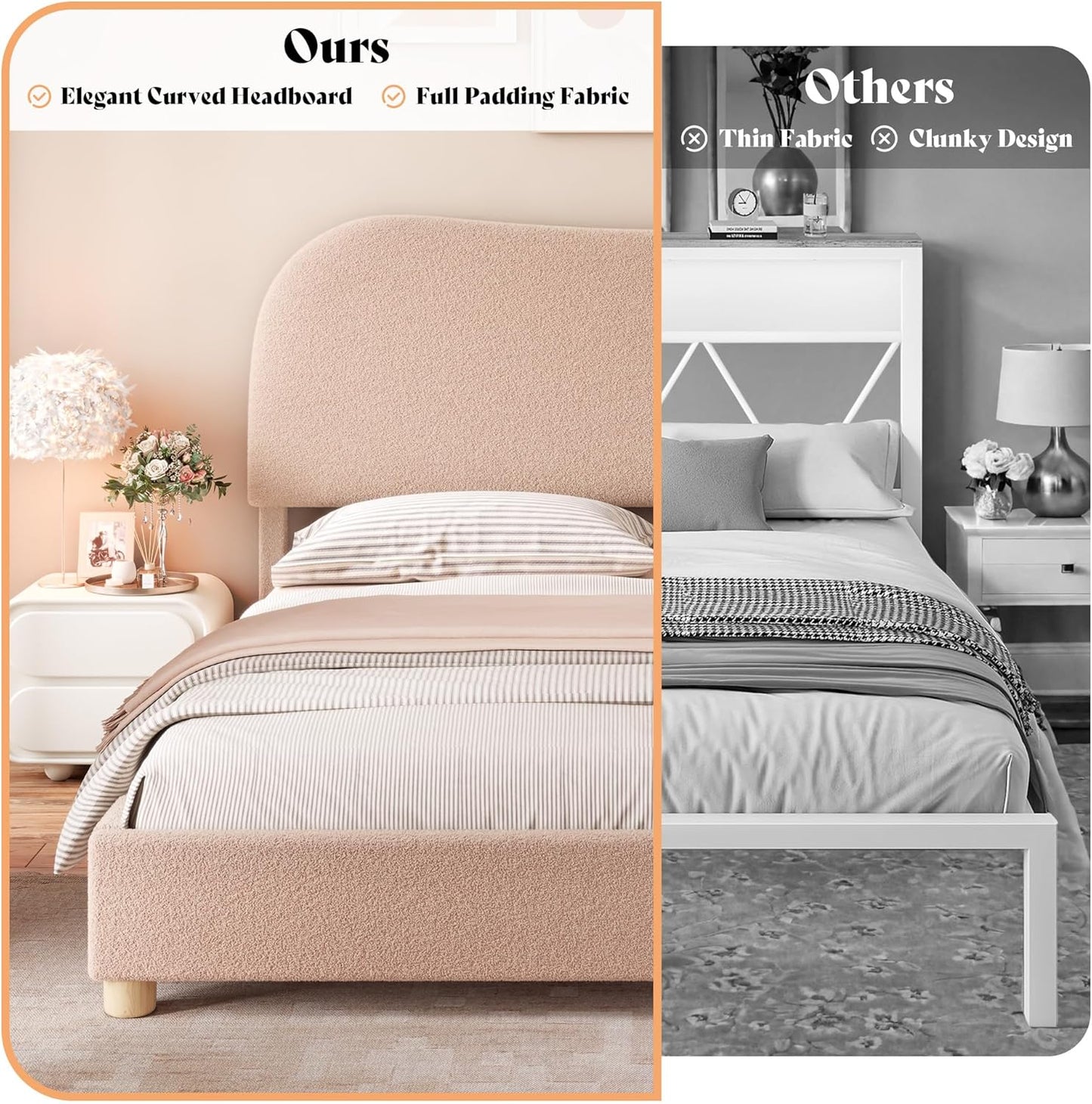 AMERLIFE Queen Size Upholstered Boucle Bed Frame, Soft Cloud Platform Bed with Adjustable Headboard, Modern Design, Rounded Corners, Rubberwood Legs, No Box Spring Needed, Easy Assembly, Beige