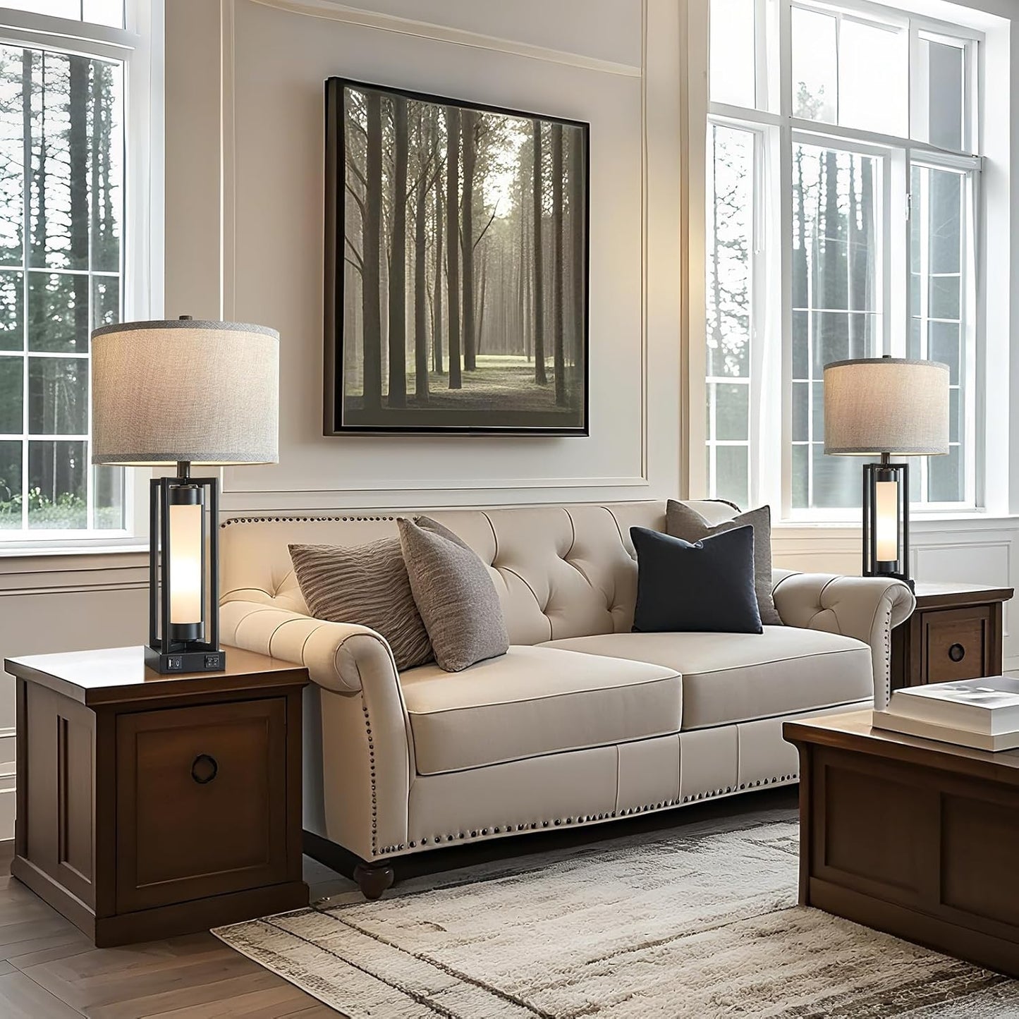 RORIANO Set of 2 Modern Table Lamps for Living Room with USB C+A Ports, Rustic Nightstand Lamp with White Night Light, Retro Desk Lamp for Bedroom End Table Entryway, 4 Bulb Included (Black)