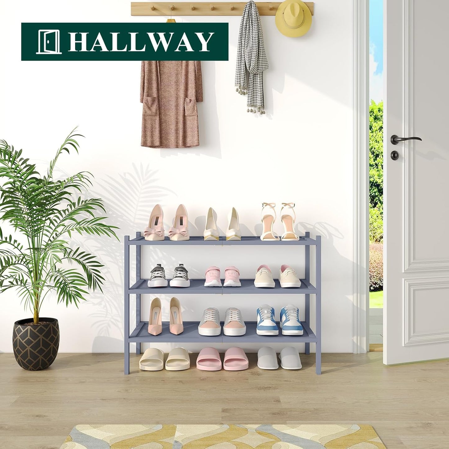 Smiry Bamboo Shoe Rack, 3 Tier Shoe Organizer for Entryway & Closet, Stackable Free Standing Storage Shelf for Shoes, Bags & Plants, Grey