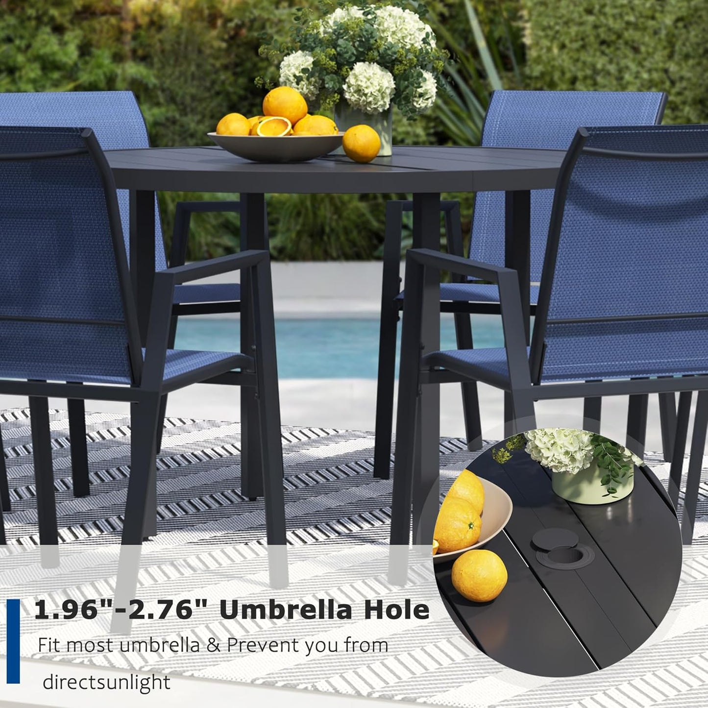 7 Piece Outdoor Dining Set, Patio Table and Chairs Set of 6, 47" Black Round Patio Table with 6 Blue Stackable Patio Chairs for Lawn, Garden, Porch