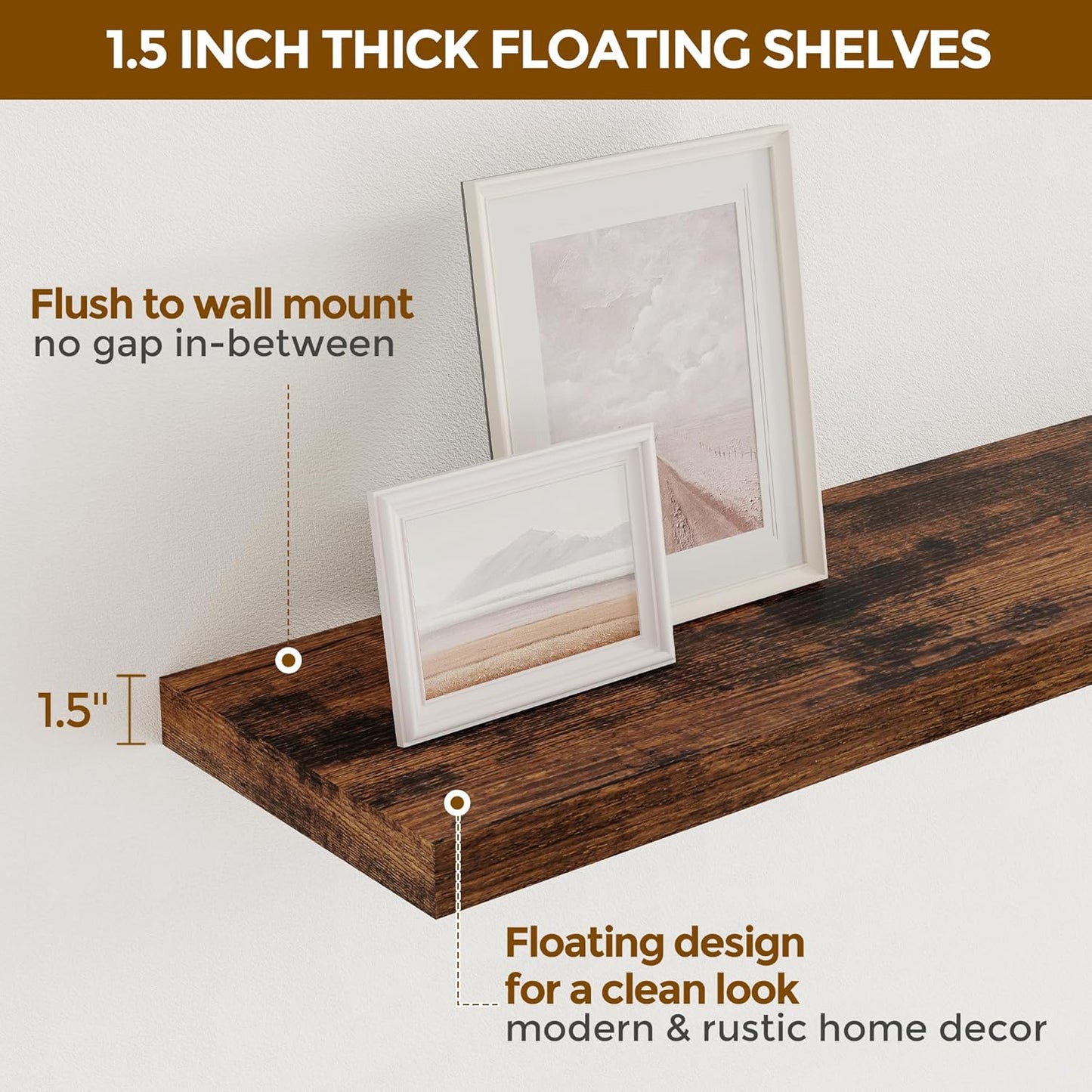 40 Inch Floating Shelvese, 40" W x 9.3" D Floating Shelf Set of 2, Farmhouse Wood Wall Shelves for Bedroom, Kitchen, Wall Mounted Deep Shelving for Home Decor, Rustic Brown Color
