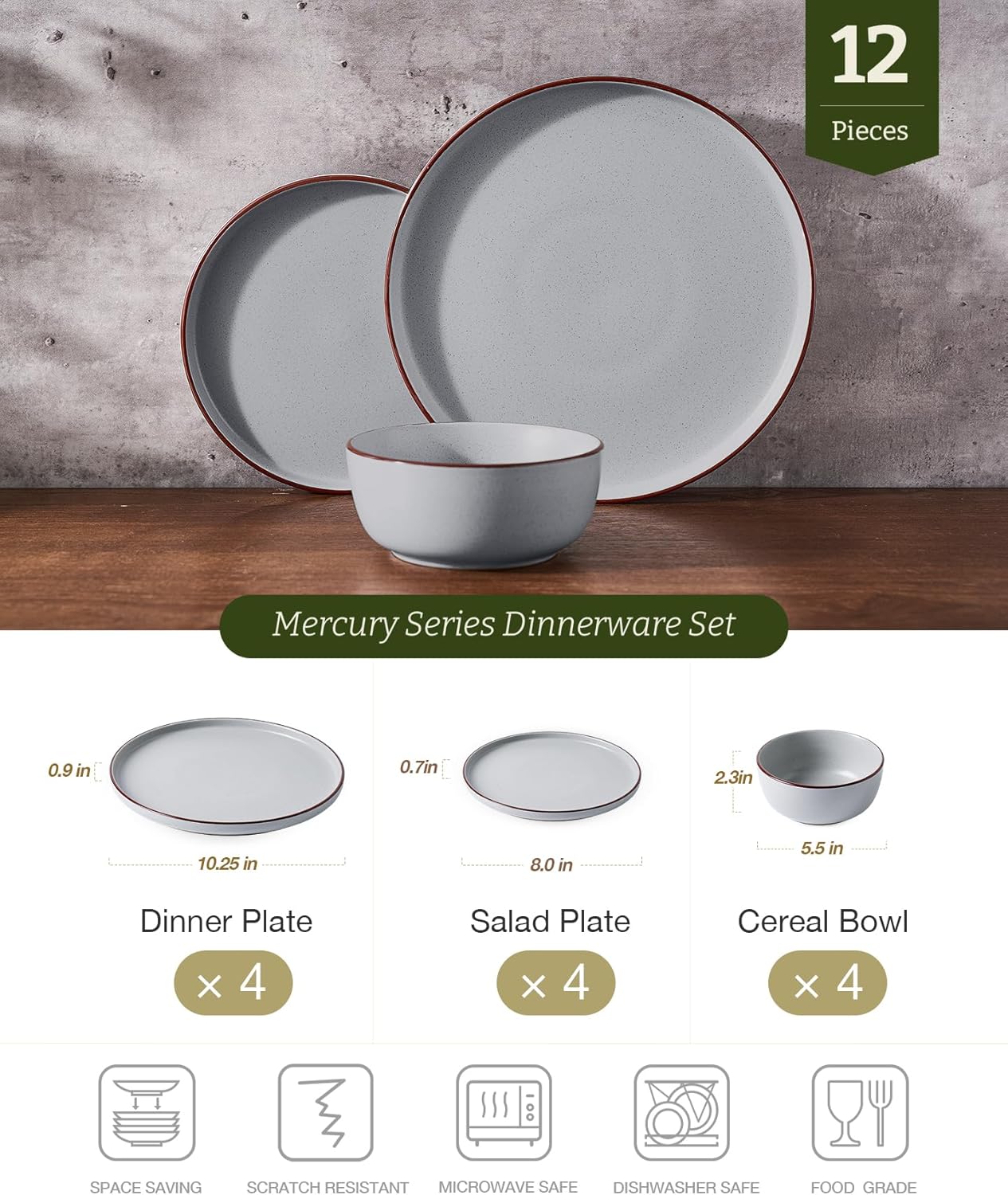 Famiware Mercury Plates and Bowls Sets, 12 Pieces Stoneware Dinnerware Sets, Dishes Set for 4, Microwave and Dishwasher Safe, Light Grey