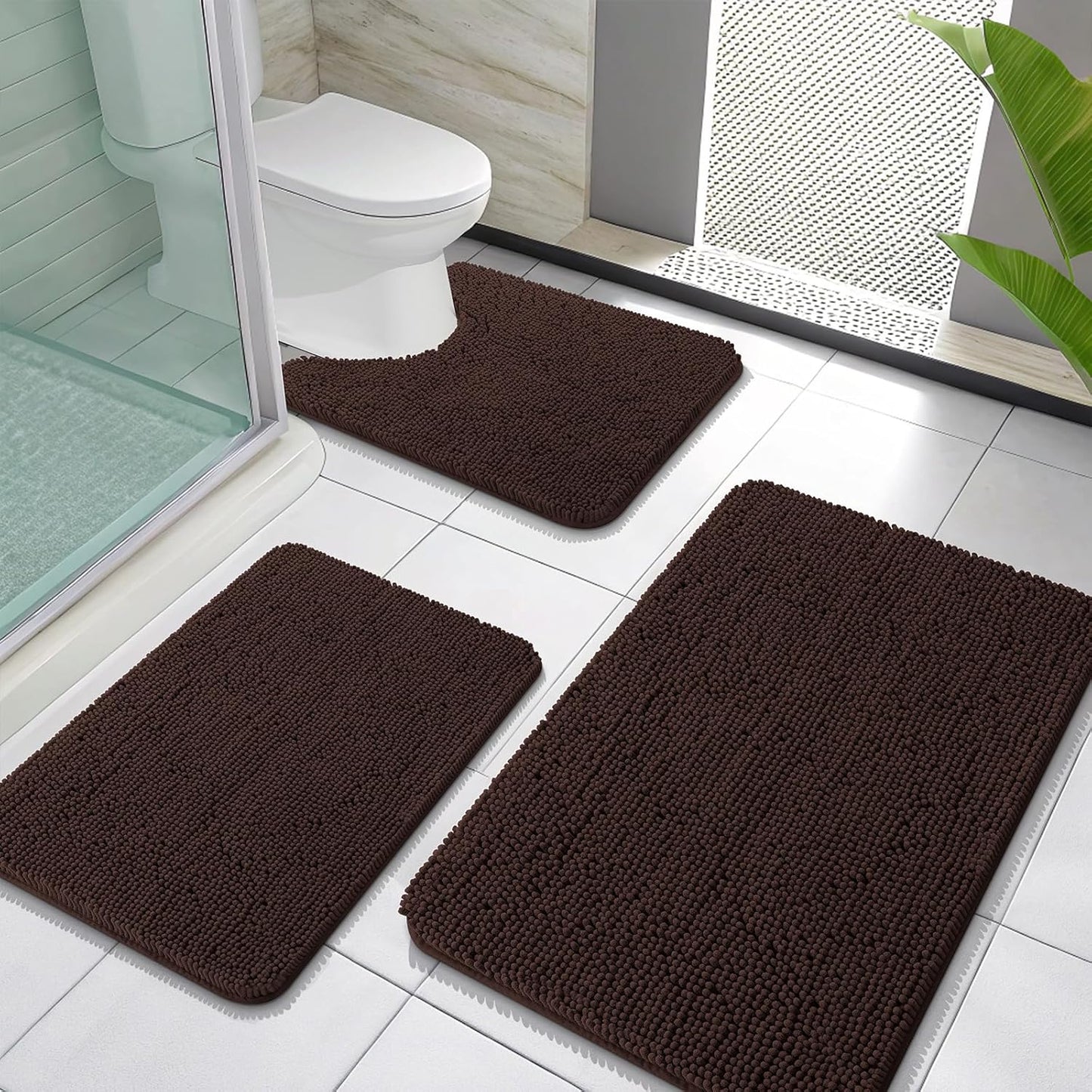 OLANLY Bathroom Rugs Sets 3 Piece, Soft Absorbent Chenille Bath Mats and U-Shaped Contour Toilet Rug, Quick Dry, Home Decor Accessories, Bath Mat Set for Bathroom (30"x20"+24"x16"+24"x20", Brown)