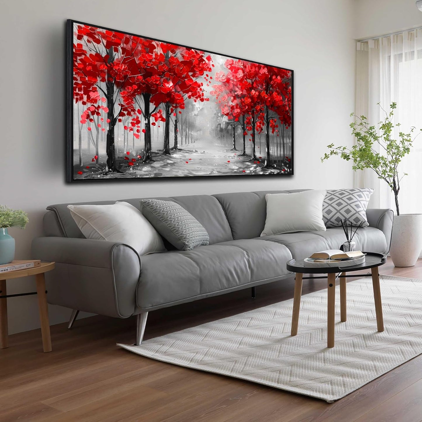 Tree Wall Art for Living Room, Black White and Red Forest Canvas Wall-Decor for Bedroom, Large Size 29x59 Inches Framed