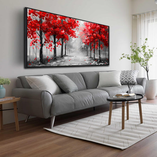 Tree Wall Art for Living Room, Black White and Red Forest Canvas Wall-Decor for Bedroom, Large Size 29x59 Inches Framed