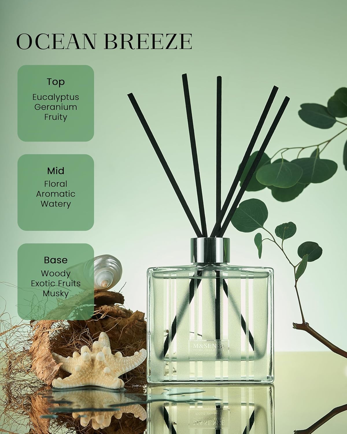 M&SENSE Reed Diffuser Set - 7.04oz Ocean Breeze Scent Diffusers with Sticks for Home, Oil Fragrance with Sticks, Shelf Decor for Bedroom Bathroom Office