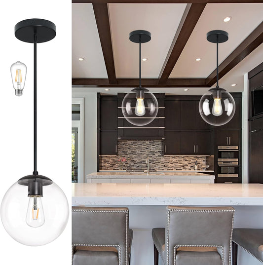 10 Inch Globe Pendant Light Black Mid Century Pendant Light Contemporary Globe Pendant Lights Clear Glass Pendant Lights Adjustable Hanging Light Fixture Clear Glass with Black Finish for Dining Room