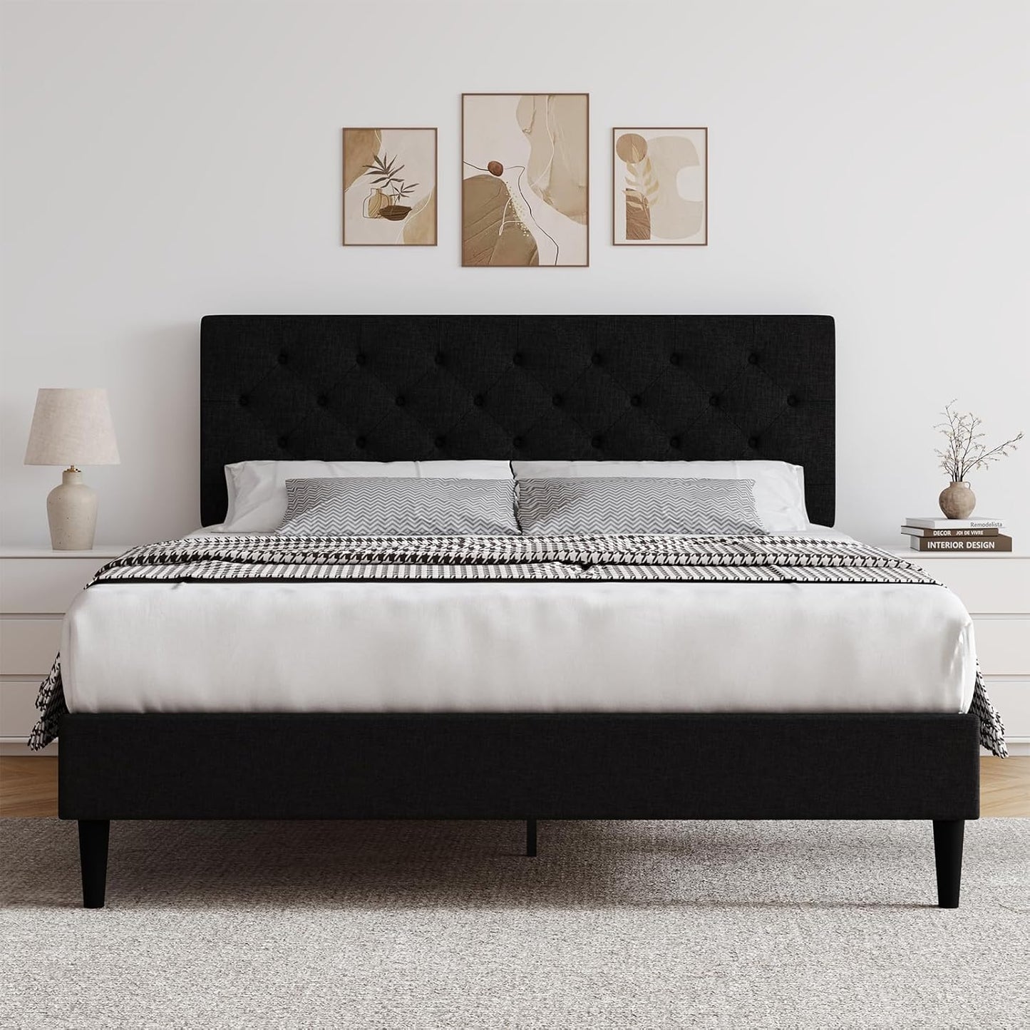 HOMBCK Queen Size Bed Frame with Headboard, Linen Fabric Upholstered Platform Bed Frame, Button Tufted Bed Frame Queen, Wooden Slat Support, No Box Spring Needed, Easy Assembly, Black