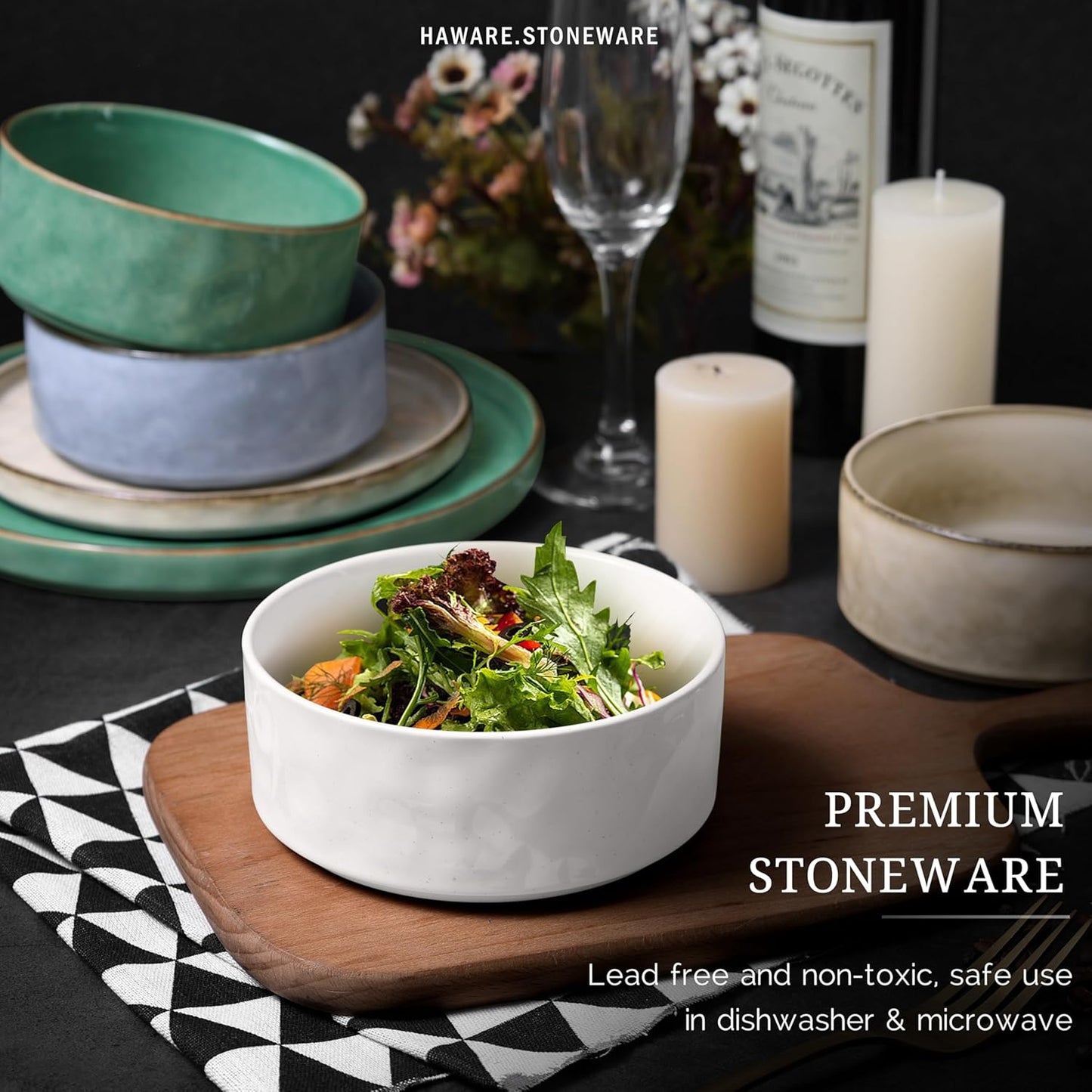 HaWare Dinnerware Sets, 16-Piece Stoneware Plates and Bowls Set, Elegant Ceramic Dish Set for 4, Chip and Scratch Resistant, Microwave and Dishwasher Safe, Multicolor