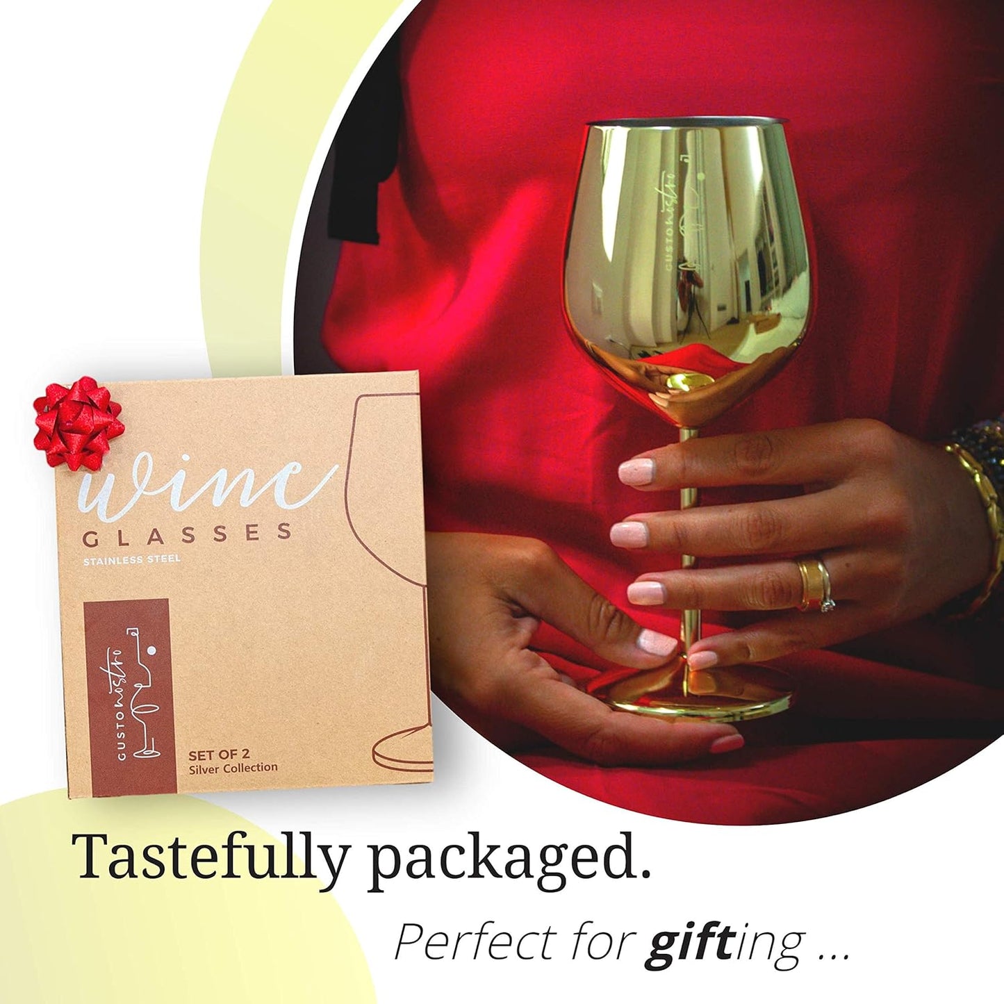 Gusto Nostro Stainless Steel Wine Glass - 18 oz Unbreakable Gold Wine Glasses for Travel, Camping and Pool - Fancy, Unique and Cute Portable Metal Wine Glass for Outdoor Events, Picnics (Set of 4)