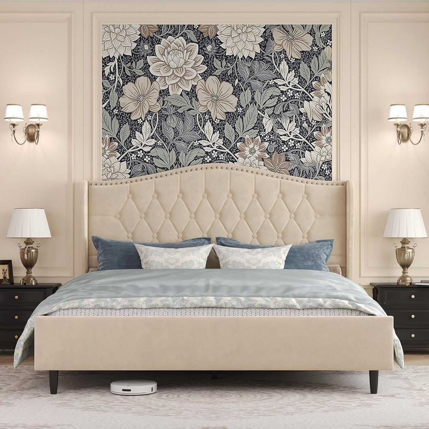 Belffin Full Size Bed Frame with Headboard, Luxury Upholstered Velvet Platform Bed with Wingback, Button Tufted & Nailhead Trim, Anti-Slide Tall Footboard, No Box Spring Needed, Noise-Free, Beige