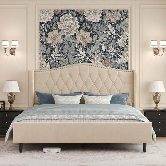 Belffin Full Size Bed Frame with Headboard, Luxury Upholstered Velvet Platform Bed with Wingback, Button Tufted & Nailhead Trim, Anti-Slide Tall Footboard, No Box Spring Needed, Noise-Free, Beige