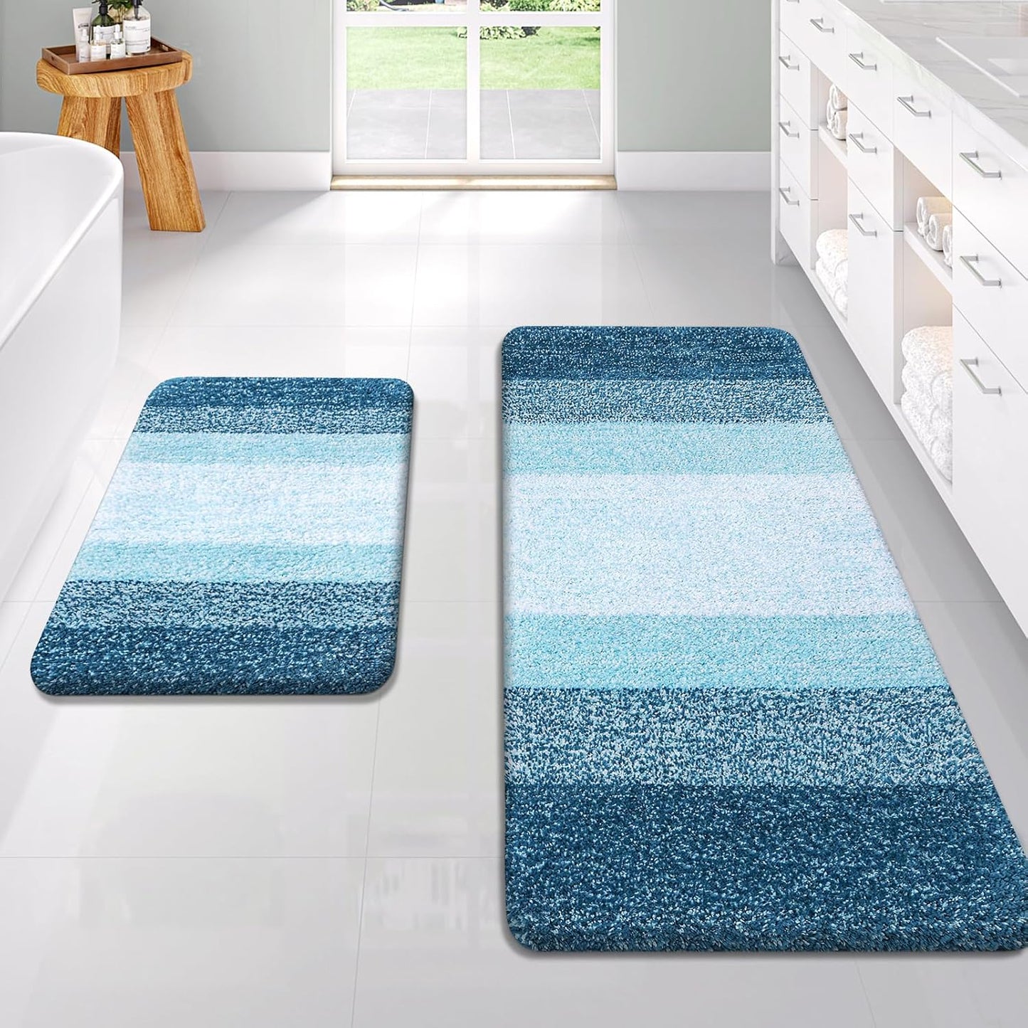 OLANLY Bathroom Rug Set 2 Piece, Soft Absorbent Microfiber Bath Rug Set, Non-Slip, Machine Wash Dry, Plush Shaggy Bath Mats for Bathroom (47"x20"+24"x16", Peacock Blue)