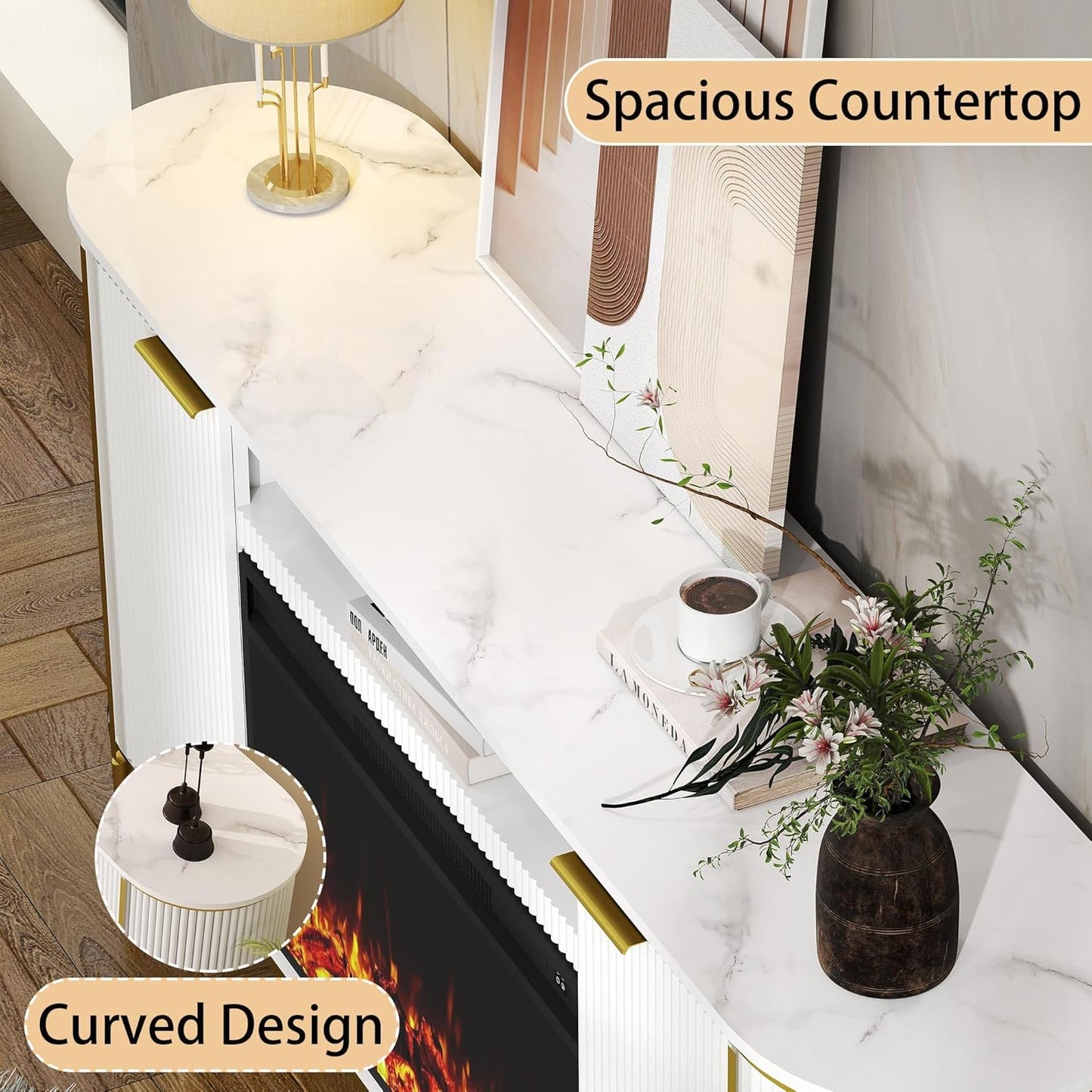 Fluted Fireplace TV Stand: 70" White Entertainment Center for 80 inch TVs with 30" Electric Fireplace, Luxury Media Console with Faux Marble Top, TV Consoles for Living Room