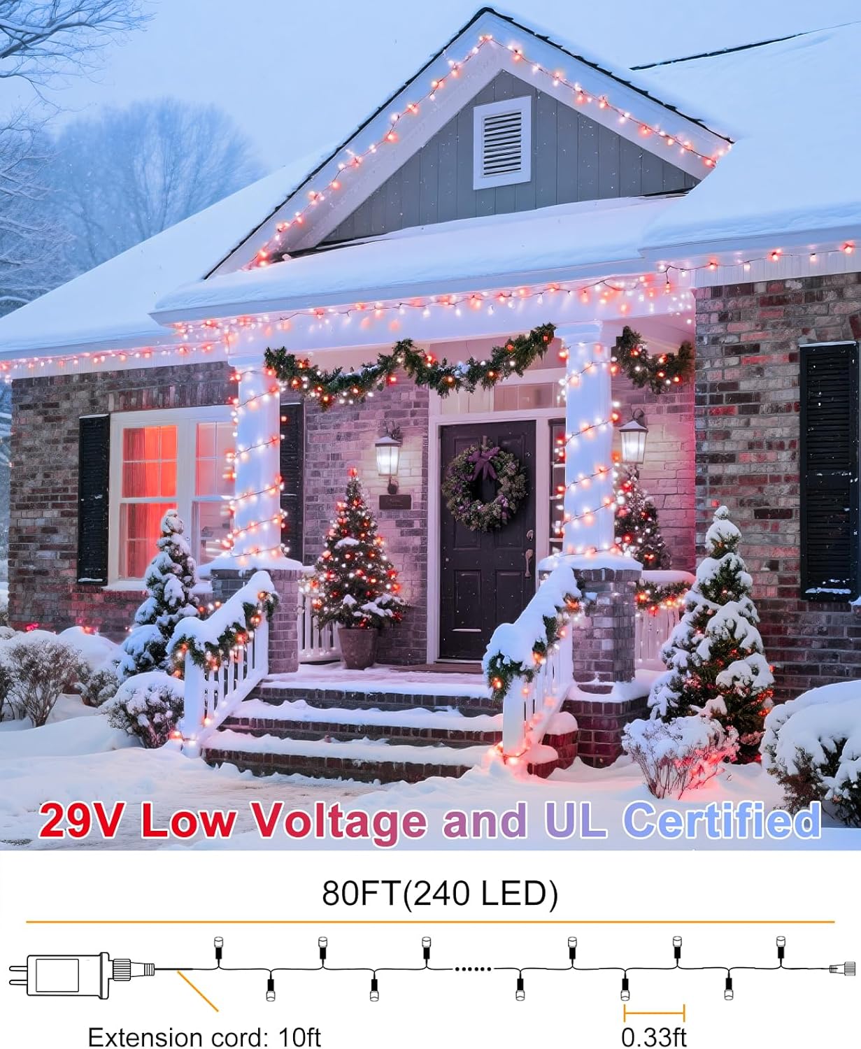 80FT 240 LED Christmas Lights, Connectable Christmas Tree Lights for Outdoor/Indoor, Waterproof & 8 Modes & Timer, Green Wire String Light for Garden Xmas Party Holiday Decorations, Red White