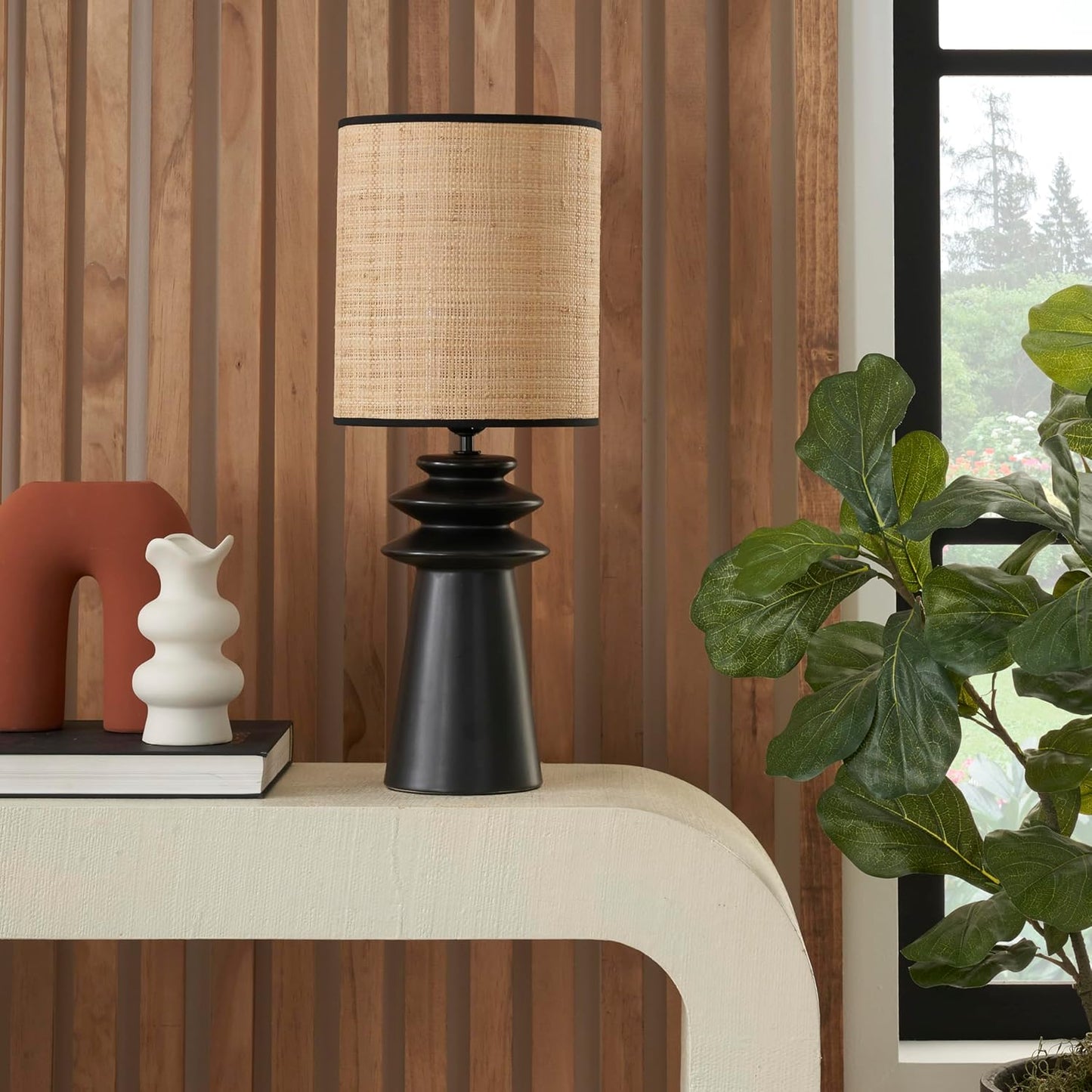 Nourison Home 22" Black Ceramic and Straw Tiered Table Lamp for Bedroom, Living Room, Console, Entryway