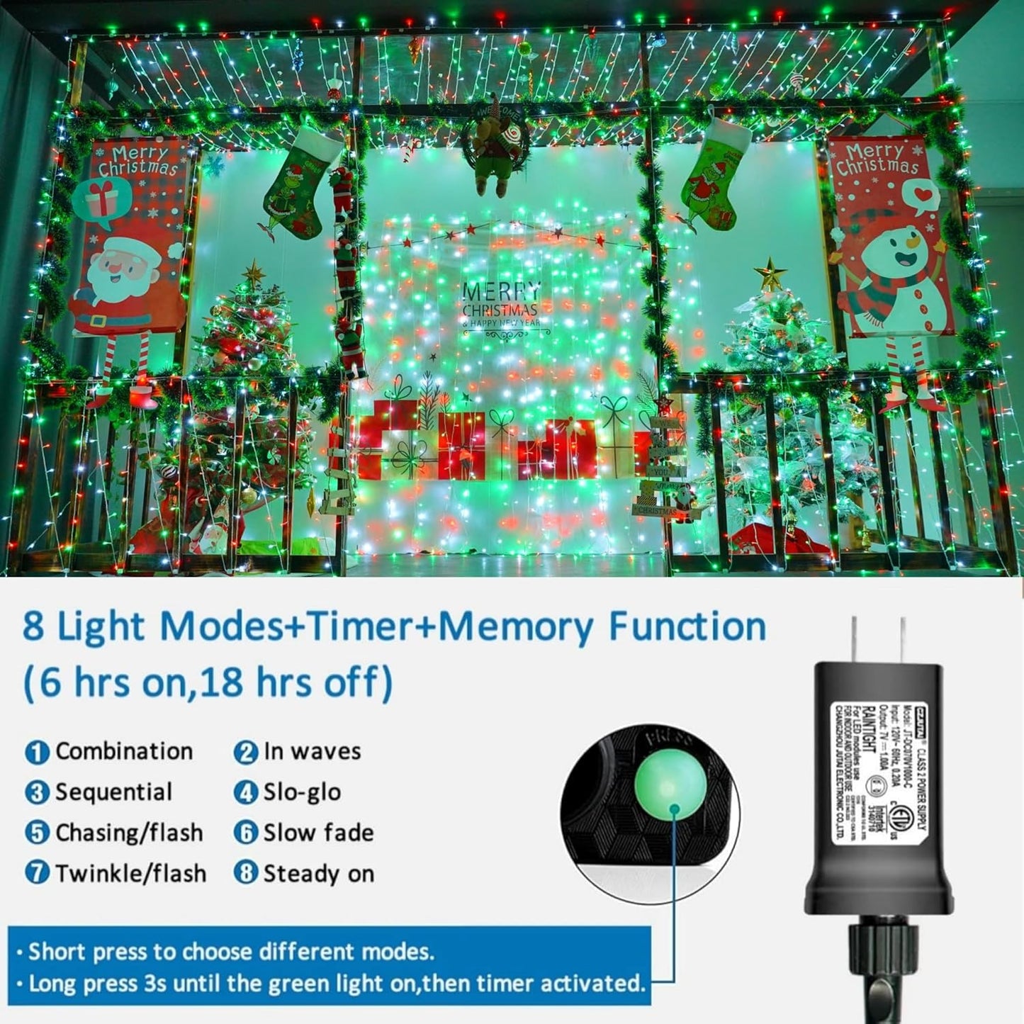 YEGUO 165ft 500 LED Christmas Lights Outdoor Waterproof, Clear Wire String Lights Indoor Plug in, 8 Modes Clear Wire Twinkle Tree Light for Xmas Party Garden(Red White and Green)