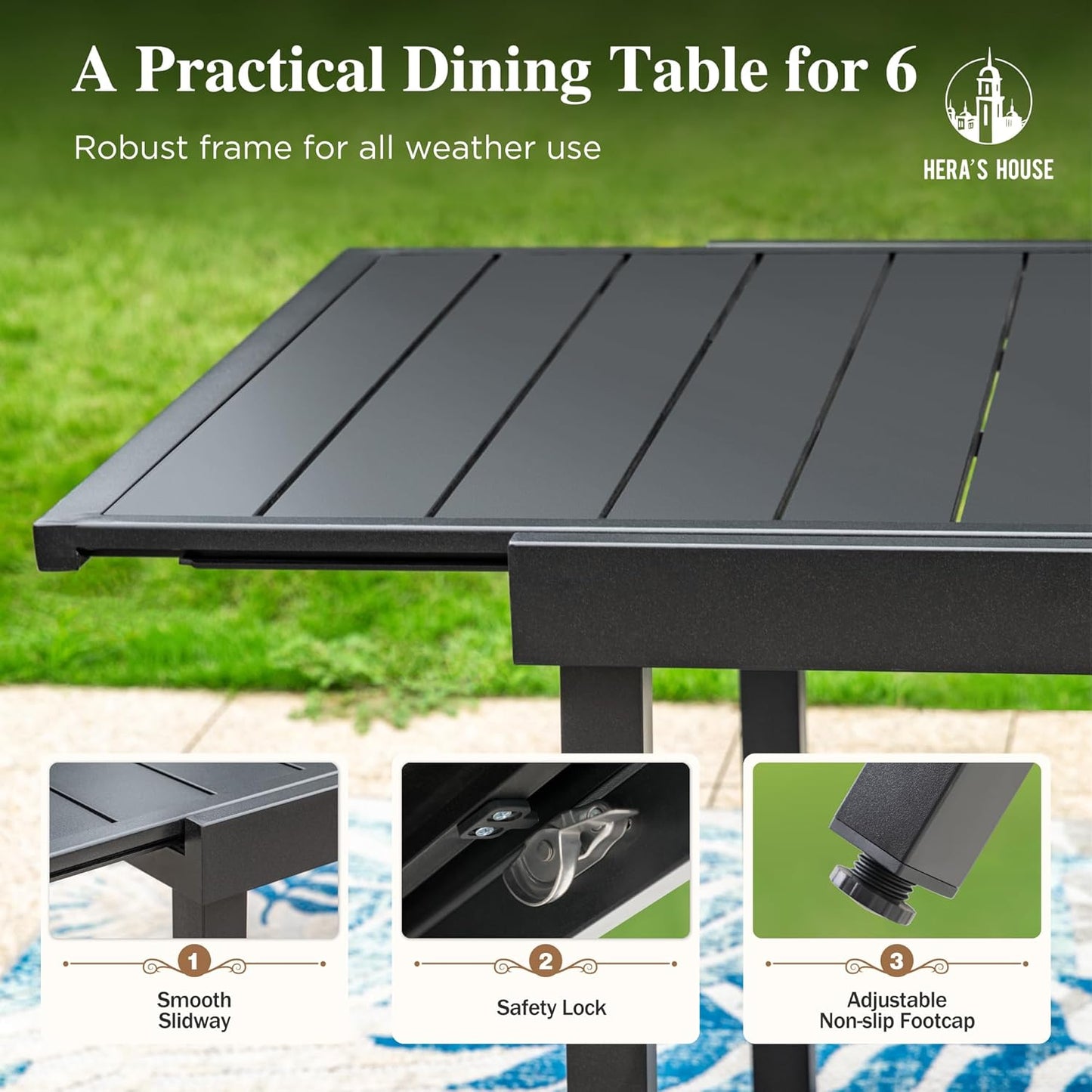 HERA'S HOUSE 7 Pieces Patio Dining Set, Outdoor Dining Set for 6, 6 x All Weather Textilene Padded Dining Chair, 1 x Rectangular Expandable Large Surface Metal Dining Table