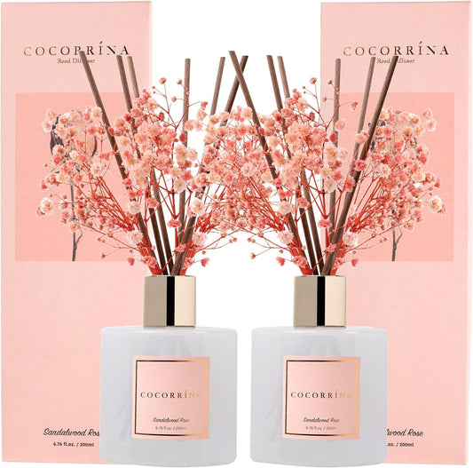 Cocorrína Premium Reed Diffuser Set with Preserved Baby's Breath & Cotton Stick Sandalwood Rose 2 Packs, 6.7oz Scent Fragrance Oil Diffuser for Bedroom Bathroom Home Décor