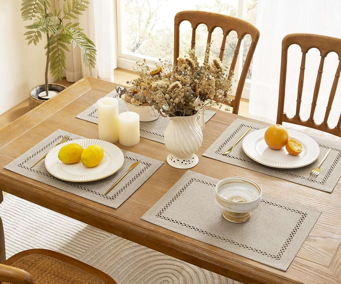 Burlap Placemats Set of 6, 12 x 18 Inch Rustic Geometric Hollow Place Mats, Heat Resistant Placemats for Farmhouse Kitchen Table Decor, Coffee 6PCS