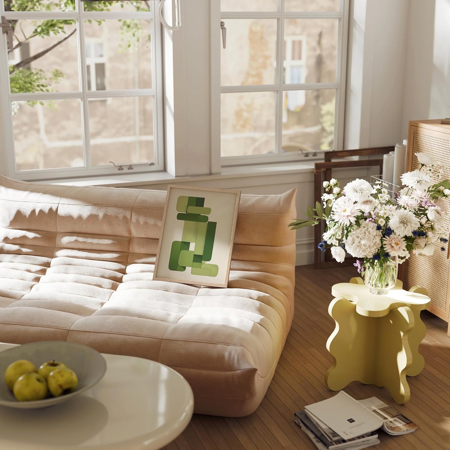 HAUS AND HUES Modern Abstract Wall Art - Blue and Green Living Room Art, Modern Artwork for Walls, Minimalist Picture for Living Room(Green Geometric, Beige Frame, 12x16)