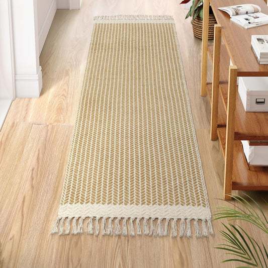 Lahome Boho Bathroom Runner Rug, 2x6 Laundry Room Lightweight Entry Runner Woven Cotton Throw Carpet with Tassels, Farmhouse Non Shedding Washable Rugs Low Pile for Kitchen Hallway, Khaki