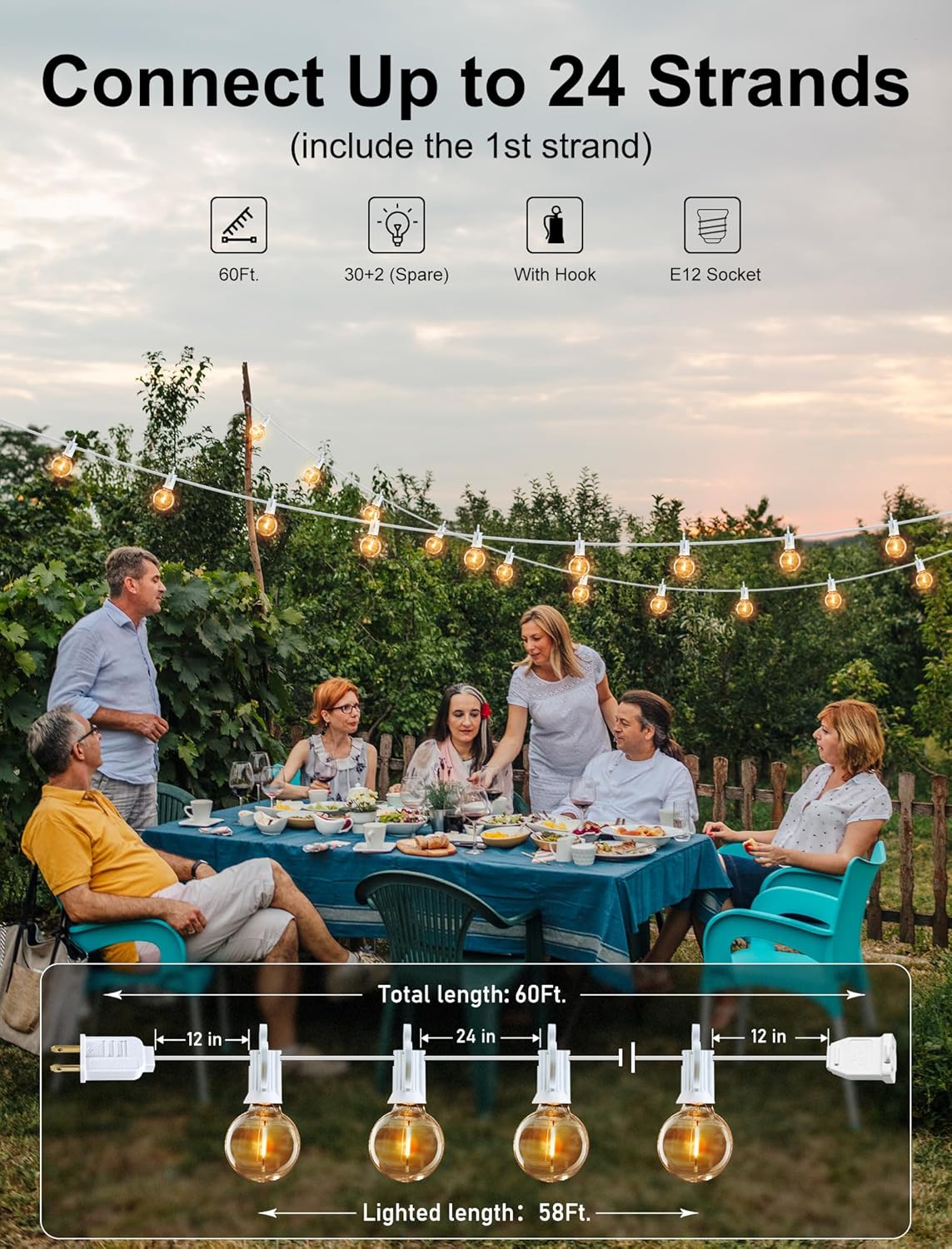 Brightown 60 Feet LED Outdoor String Lights with Shatterproof G40 Edison Bulbs, Connectable and Weatherproof Strand, Commercial Grade Patio Lights for Backyard Garden Patio Decorative, White