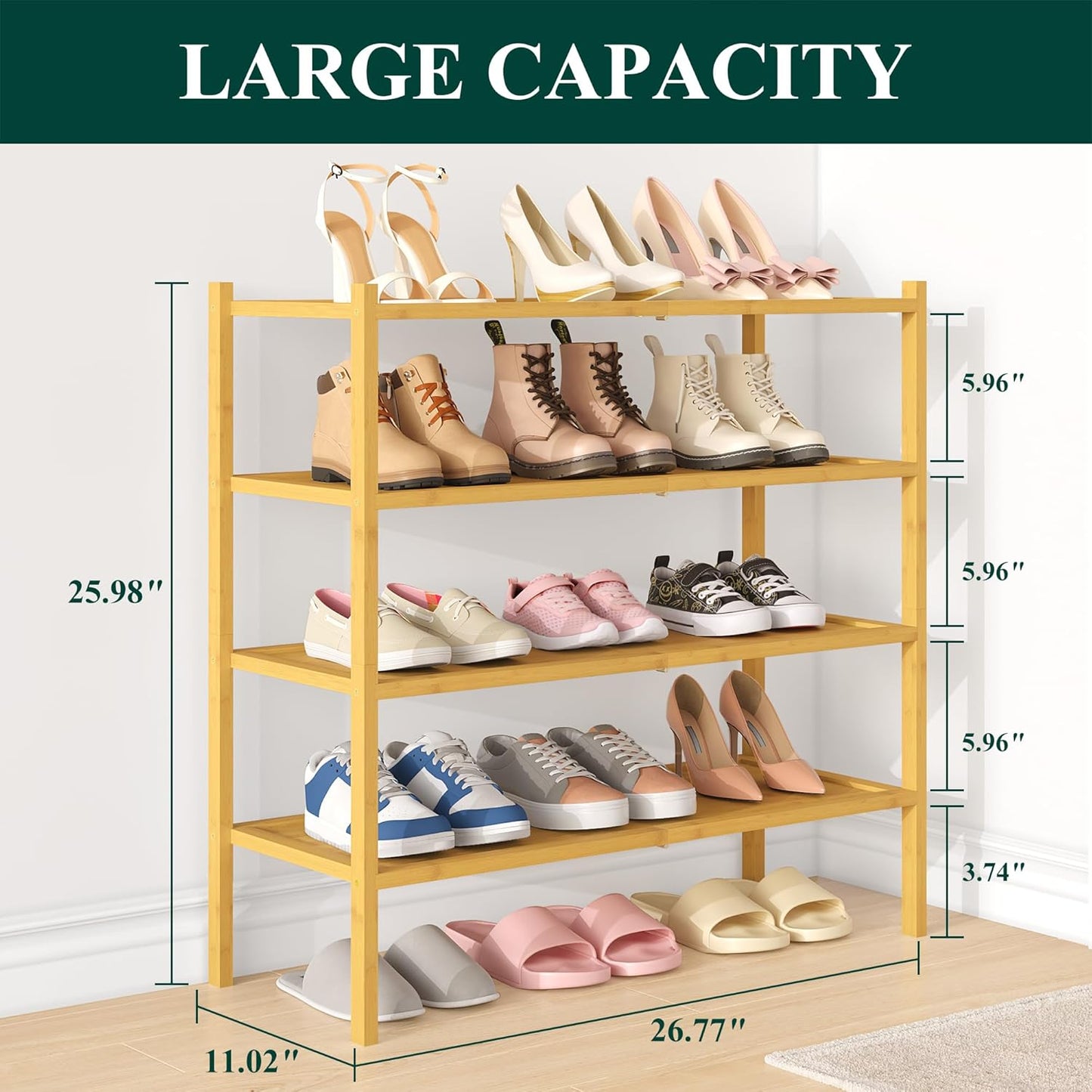 Smiry Bamboo Shoe Rack, 4 Tier Shoe Organizer for Entryway & Closet, Stackable Free Standing Storage Shelf for Shoes, Bags & Plants, Natural