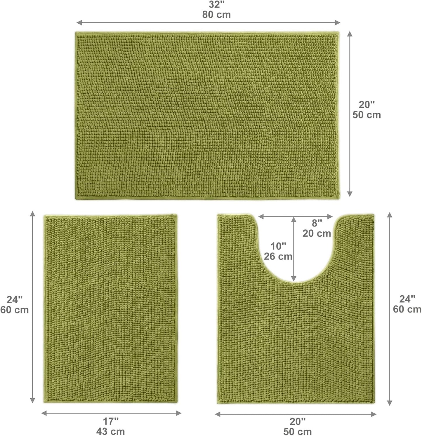 Urvoix Bathroom Rugs Sets 3 Piece, Non-Slip Chenille Bath Rug - Ultra Soft, Washable, Super Absorbent Bath Mat for Bathroom, Toilet and Tub (Pear Green)