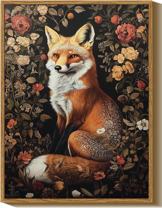 Framed Vintage Wall Art, Boho Canvas Wall Art, Dark Flowers Pictures, Nature Botanical Wall Decor, Fox Animal Paintings Prints, for Living Room Bedroom Home Decor 8x10in