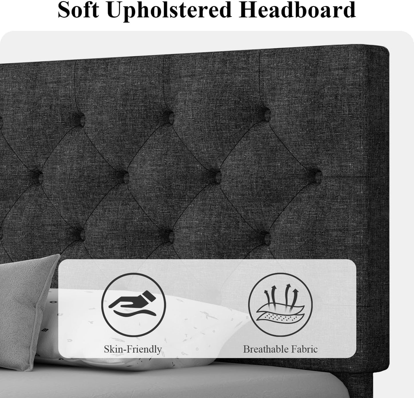 HOMBCK Full Size Bed Frame with Headboard, Linen Fabric Upholstered Bed, Grey Bed Frame with Wood Slats, Button Tufted, No Box Spring Needed, Dark Grey
