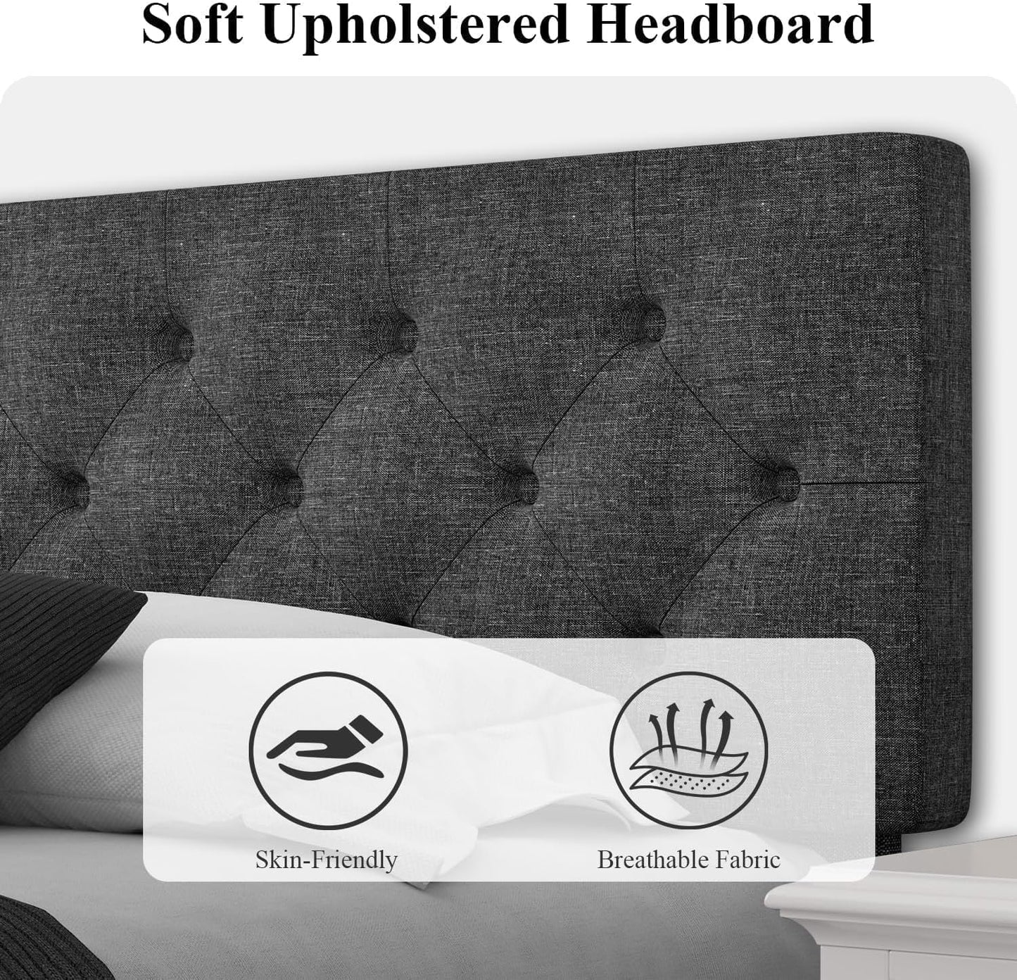 HOMBCK King Size Bed Frame Black, Linen Fabric Upholstered Bed Frame King and Headboard, Wood Slats Support, Button Tufted Design, No Box Spring Needed, Dark Grey